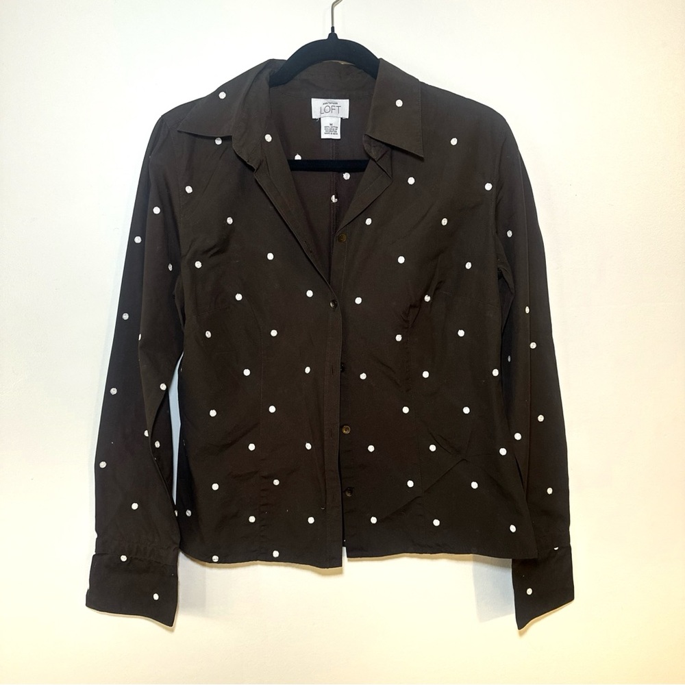 LOFT Women’s Long Sleeve Preppy Brown Polka Dot Button Down Blouse